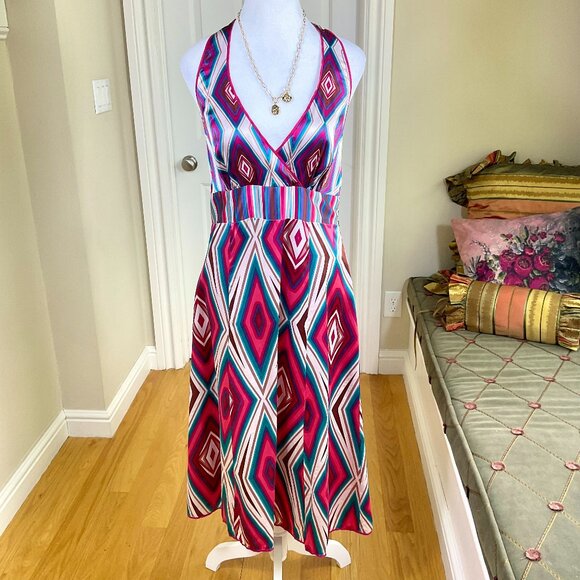 Monsoon Dress Silk Halter 00s Fit & Flare Multi Color Pink Blue Fit Flare (US 8) - Picture 1 of 7